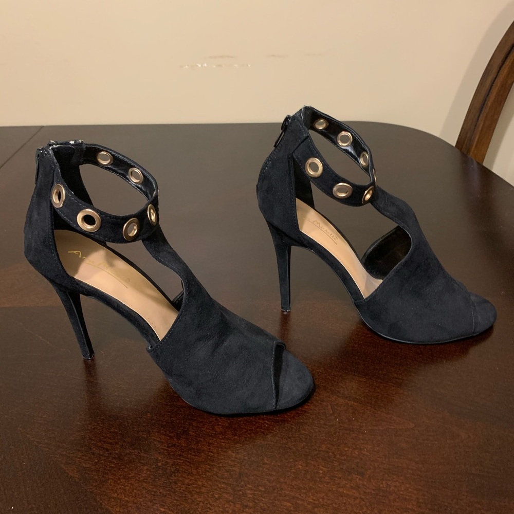 ANNE MICHELLE Suede open toe strapy Heels shoes dancer goth Emo women’s size 7.5